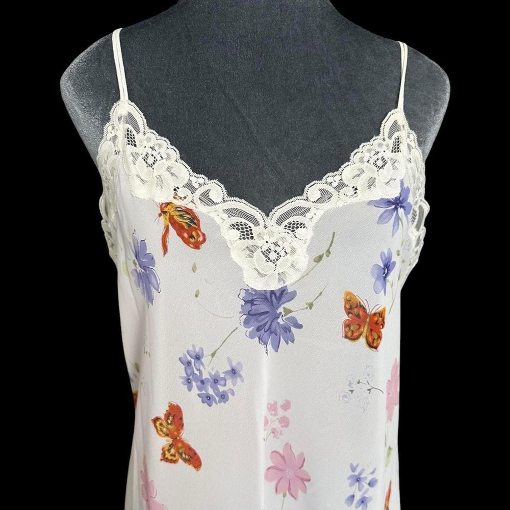 Valerie Stevens Sheer Chiffon White Lace Trim Butterfly Floral Mini Slip Dress M